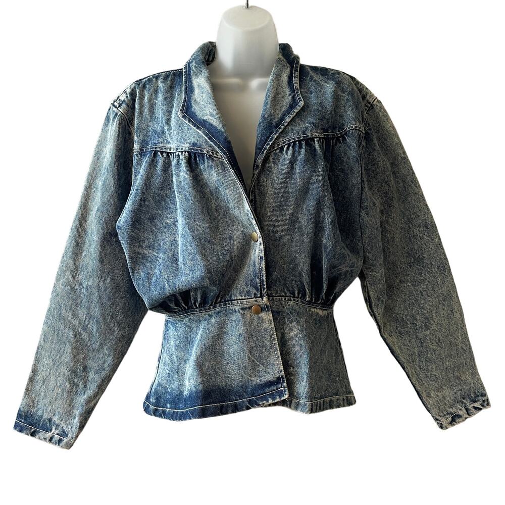 VINTAGE 90s Paris Blues Acid Wash Denim Bomber Jacket with Peplum Size Small